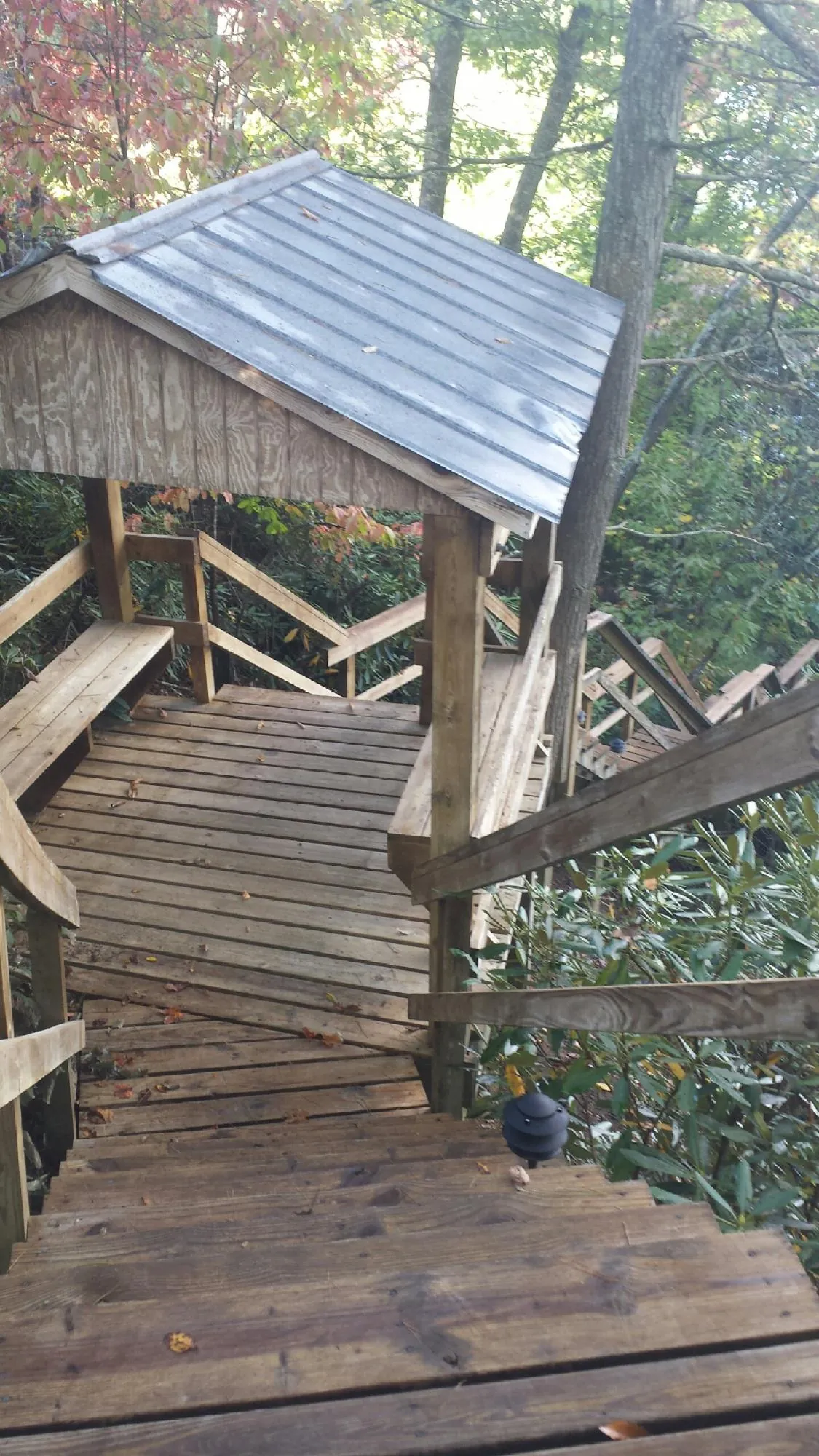 Metal roofed shelter over wooden steps on a wooded walkway — Skylight Repair & Installation work by our crew in Zion Grove
